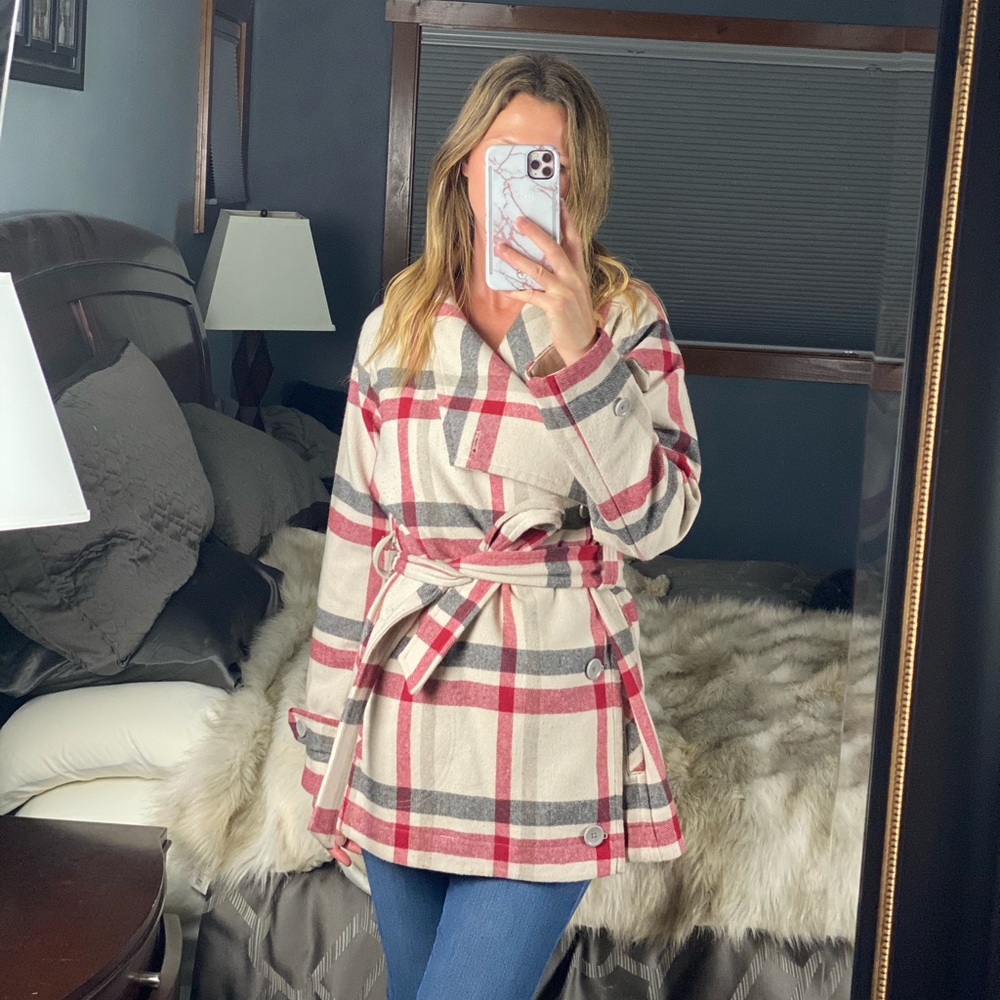 Woolrich Plaid Wool Belted Peacoat Jacket Cream Red Size Large